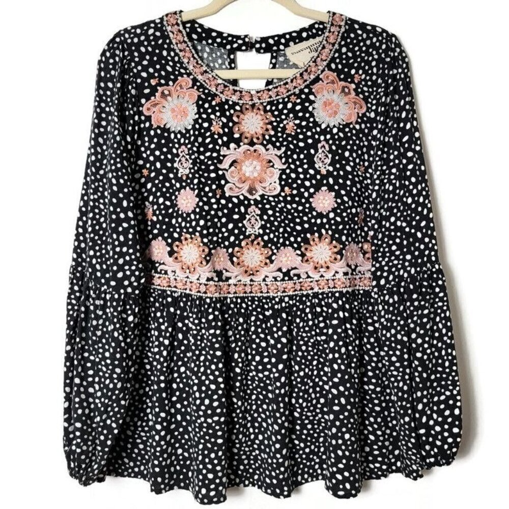Savanna Jane Floral Embroidered Polka Dot Boho Peplum Long Sleeve Blouse Top M